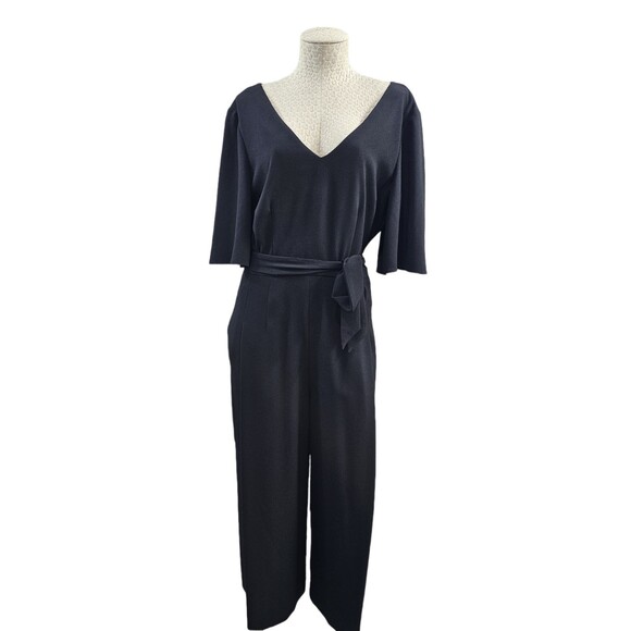 SARA CAMPBELL Women's‎ 12 Black V-Neck Short Sleeve Tie Waist Jumpsuit Romper - Picture 1 of 10